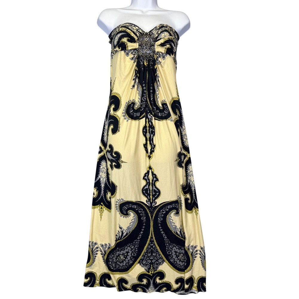 Boston Proper Yellow Black Paisley Strapless Maxi Dress Jeweled Brooch Size M